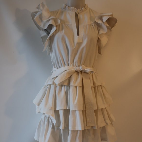 Womens Ulla Johnson Honoria White Ruffle Tiered Mini Split Neck Belted Dress 10* - Picture 6 of 16